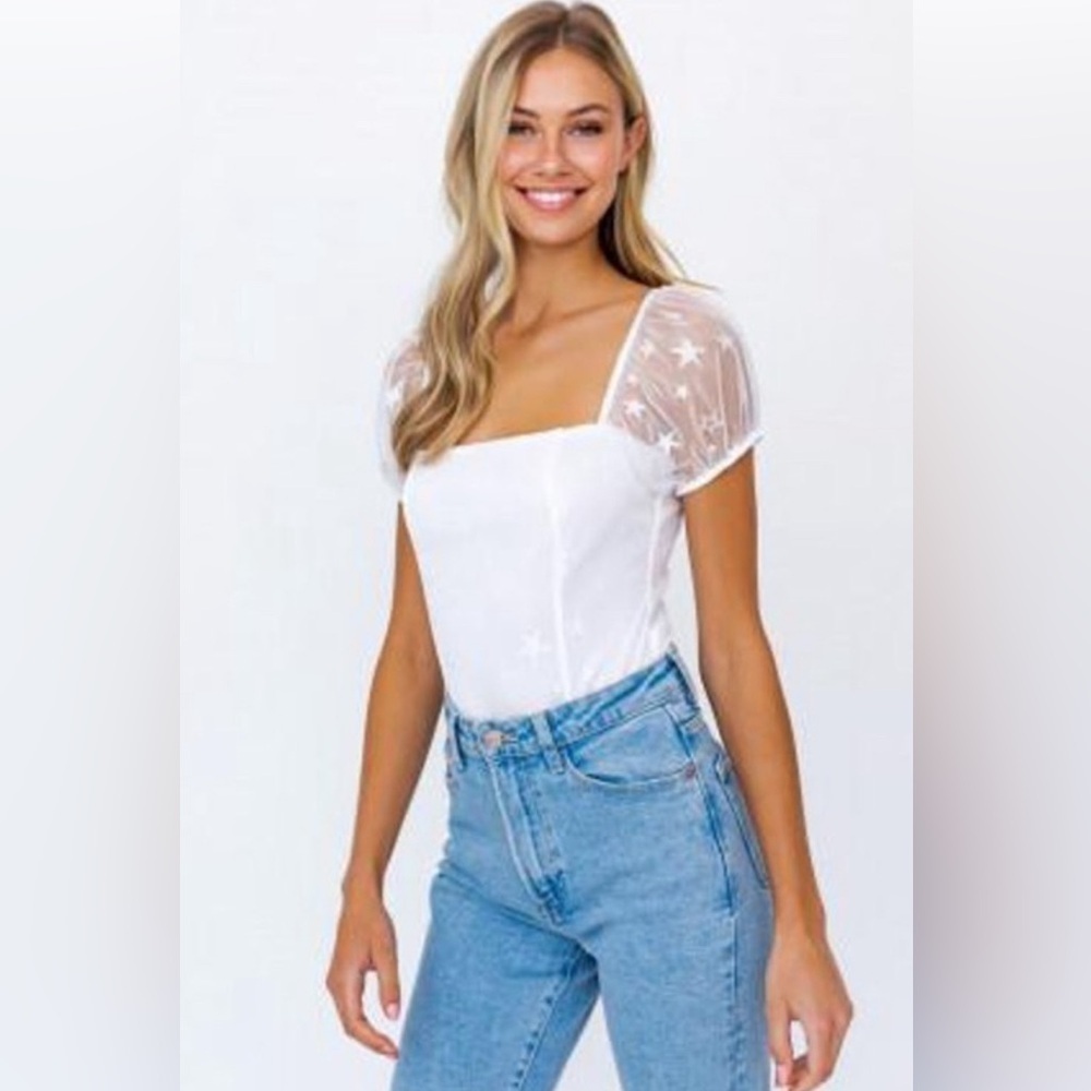 Lelis Mesh Bodysuit Women’s L White Sheer Stars Lace Whimsical Fairy Celestial